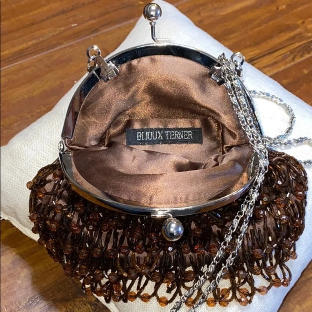 Bijoux Terner Brown Beaded Fringe Clutch Purse Chain Strap Evening Bag